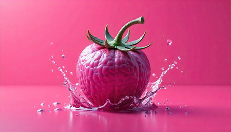 Pink berry splashing in water against a pink background