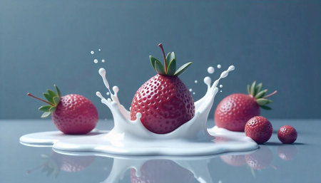Fresh strawberries with milk splash on gray reflective surfaceの写真素材