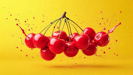 Fresh ripe cherries with juice splash on yellow background