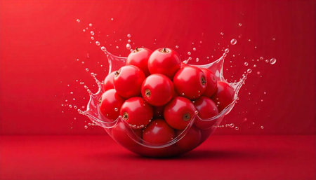 Fresh red fruit in splash of water on red surface