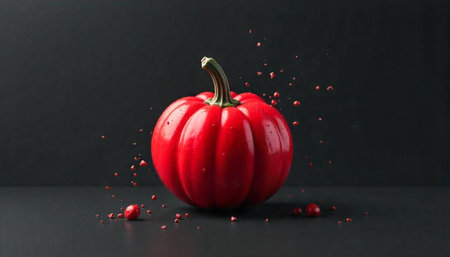 Vibrant red pumpkin on dark background with red particles