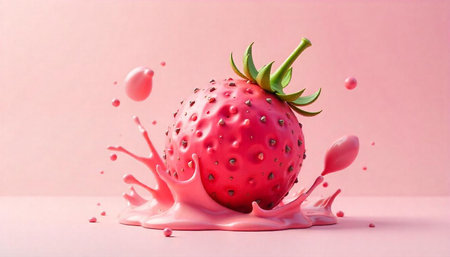 Strawberry splash with pink liquid, studio shotの写真素材