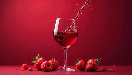 Red wine pouring into glass with strawberries around baseの写真素材