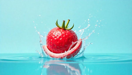 Strawberry slice splashing into water against light blue background