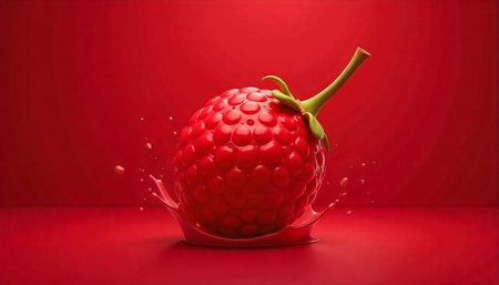 Red raspberry splashing on a monochromatic red background