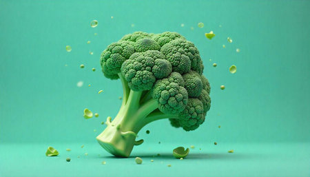 Studio shot of a vibrant green broccoli head with drops