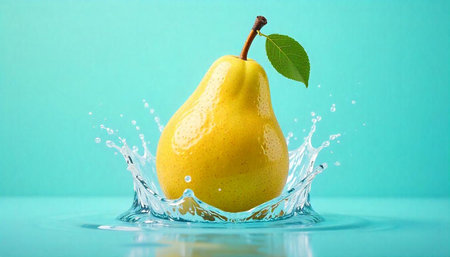 Fresh yellow pear with water splash on vibrant backgroundの写真素材
