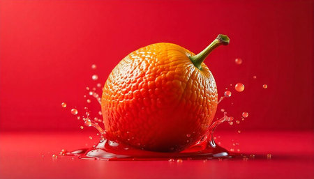 Vibrant orange with juice splash on a red backgroundの写真素材