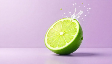 Vibrant half lime with splash on a purple background