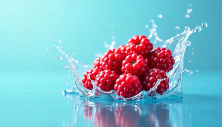Fresh raspberries splashing in clear water against blue background