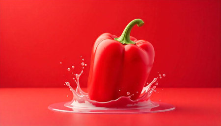 Red bell pepper splashing in liquid on red background