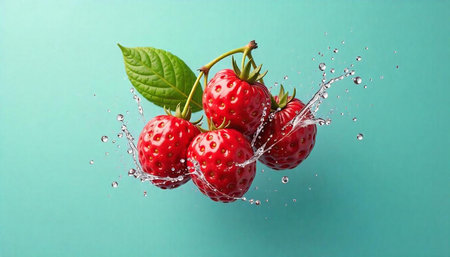 Fresh strawberries with water splash on a bright background
