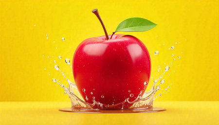Bright red apple splash on vibrant yellow background imageの写真素材