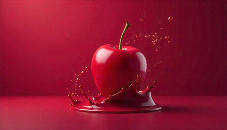 Red apple splashing into red liquid against red background