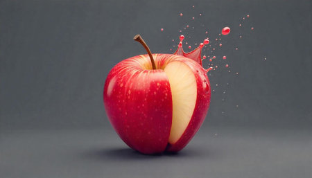 Red apple with juice splash on a gray background
