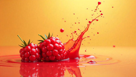 Fresh raspberries with splashing juice on a vibrant background
