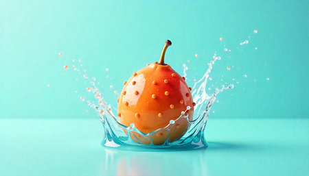 Fresh pear amidst water splash in clean studio settingの写真素材