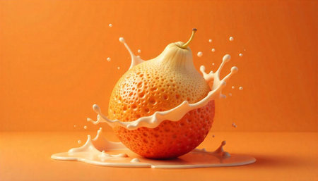 Textured pear fruit in splash of creamy liquidの写真素材