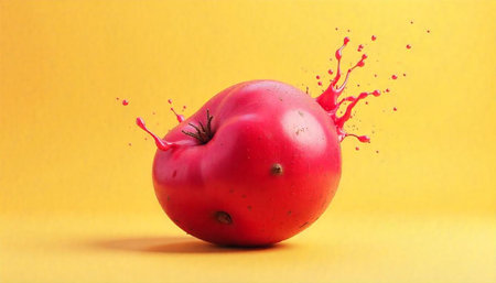 Red fruit on yellow background with paint splash effectの写真素材