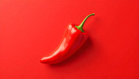 Vibrant red chili pepper on a seamless red background