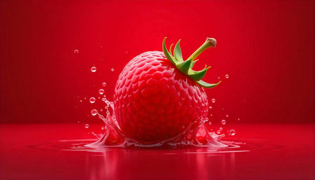 Fresh raspberry with splashes of juice on red background