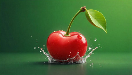 Red cherry with leaf and water splash on green background