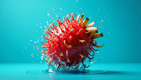 Red virus cell model splashing in bright blue liquid