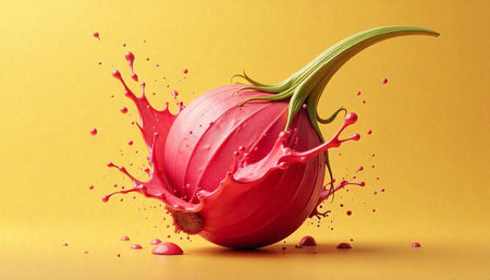 Red onion splashing paint vibrant yellow background colorful backdrop