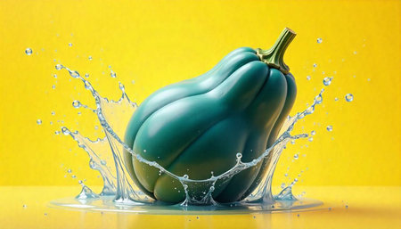 Green pepper splash against vibrant yellow backdrop art renderの写真素材