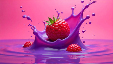 Raspberry splash in bright pink and purple liquidの写真素材