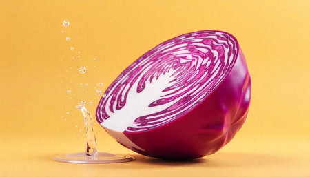 Vibrant halved red cabbage with water droplets on backgroundの写真素材