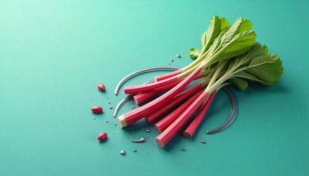 Fresh rhubarb stalks arrangement on a light green background