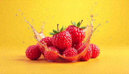 Fresh red raspberries splashing in clear liquid on yellow background