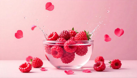 Raspberries in a glass bowl with splash, heart petals