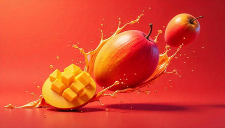 Mango fruit explosion with liquid splashing on a red background
