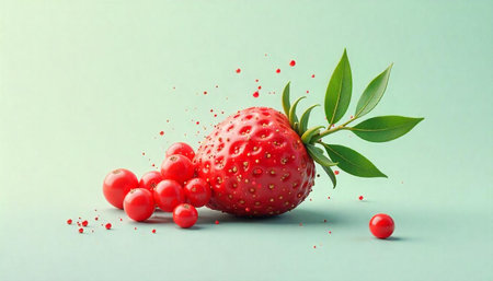 Bright red strawberry and small berries on light backgroundの写真素材