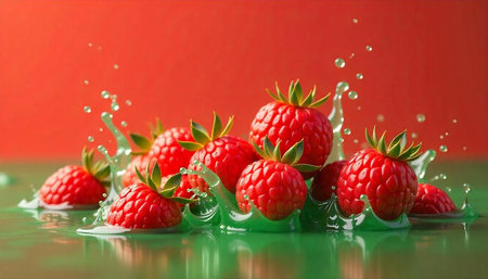 Fresh raspberries splashing in vibrant green juice, red backdrop