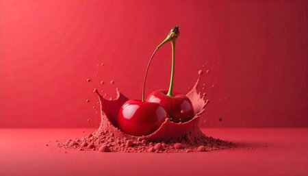 Two ripe cherries amidst a splash of red powder