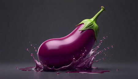 Fresh eggplant with liquid splash on dark gray backgroundの写真素材