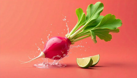 Vibrant radish with lime splashing on coral background