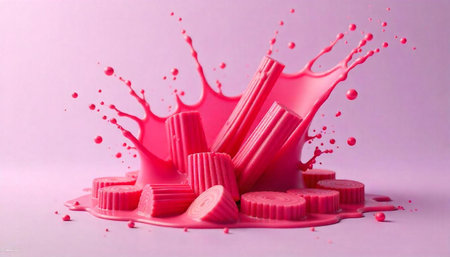 Rhubarb pieces splashing in pink liquid on pink backgroundの写真素材