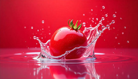 Tomato splash on vibrant red backdrop, healthy and freshの写真素材