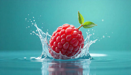 Raspberry splash on aquamarine surface creating water droplets