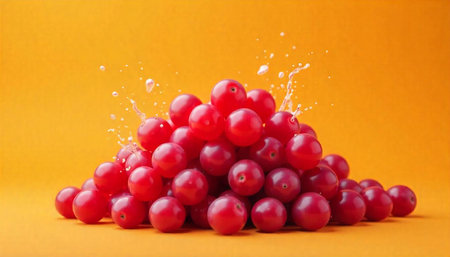 Fresh red grapes with water splashes on orange background