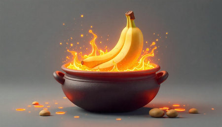 Burning bananas inside cauldron with potatoes on grey surfaceの写真素材