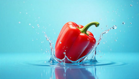 Red bell pepper in water with splash effectの写真素材