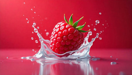 Fresh raspberry splashing in water on vibrant red background
