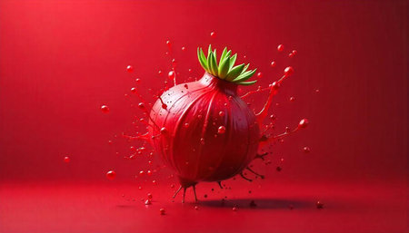 Vibrant red onion with splashing liquid droplets on red background