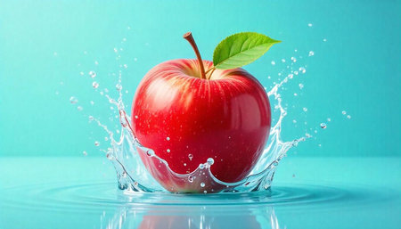 Red apple splashing into water against a blue backgroundの写真素材