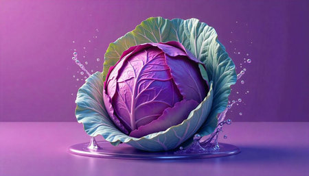 Purple Cabbage with Water Splash on Purple Background